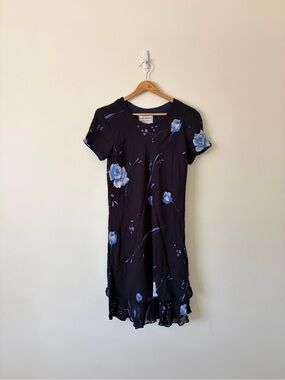 90s karin stevens Navy Dress with Blue Floral Print